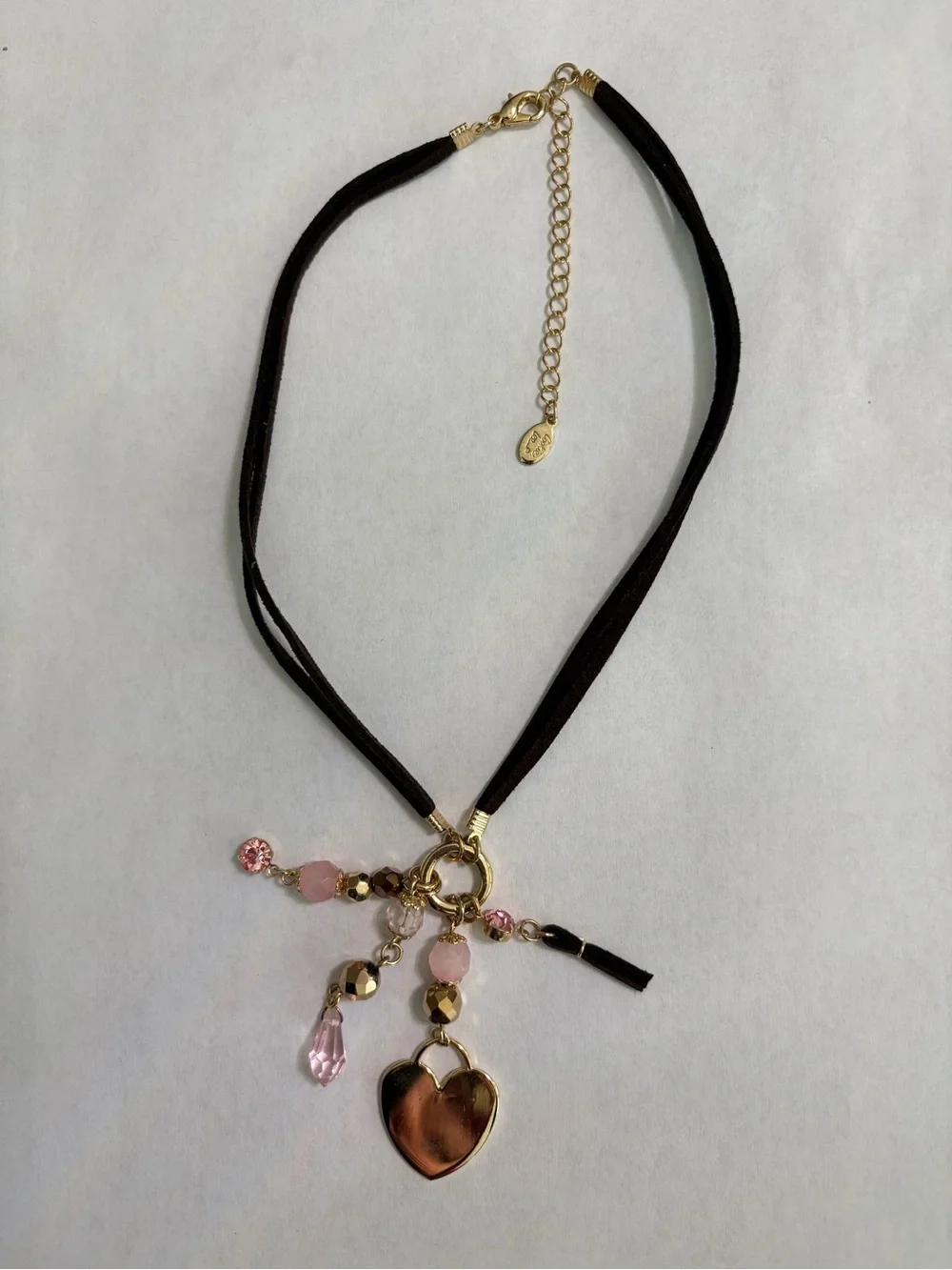 Cookie Lee Vintage Double Suede Cord Heart & Pink Crystal Charm Choker Necklace